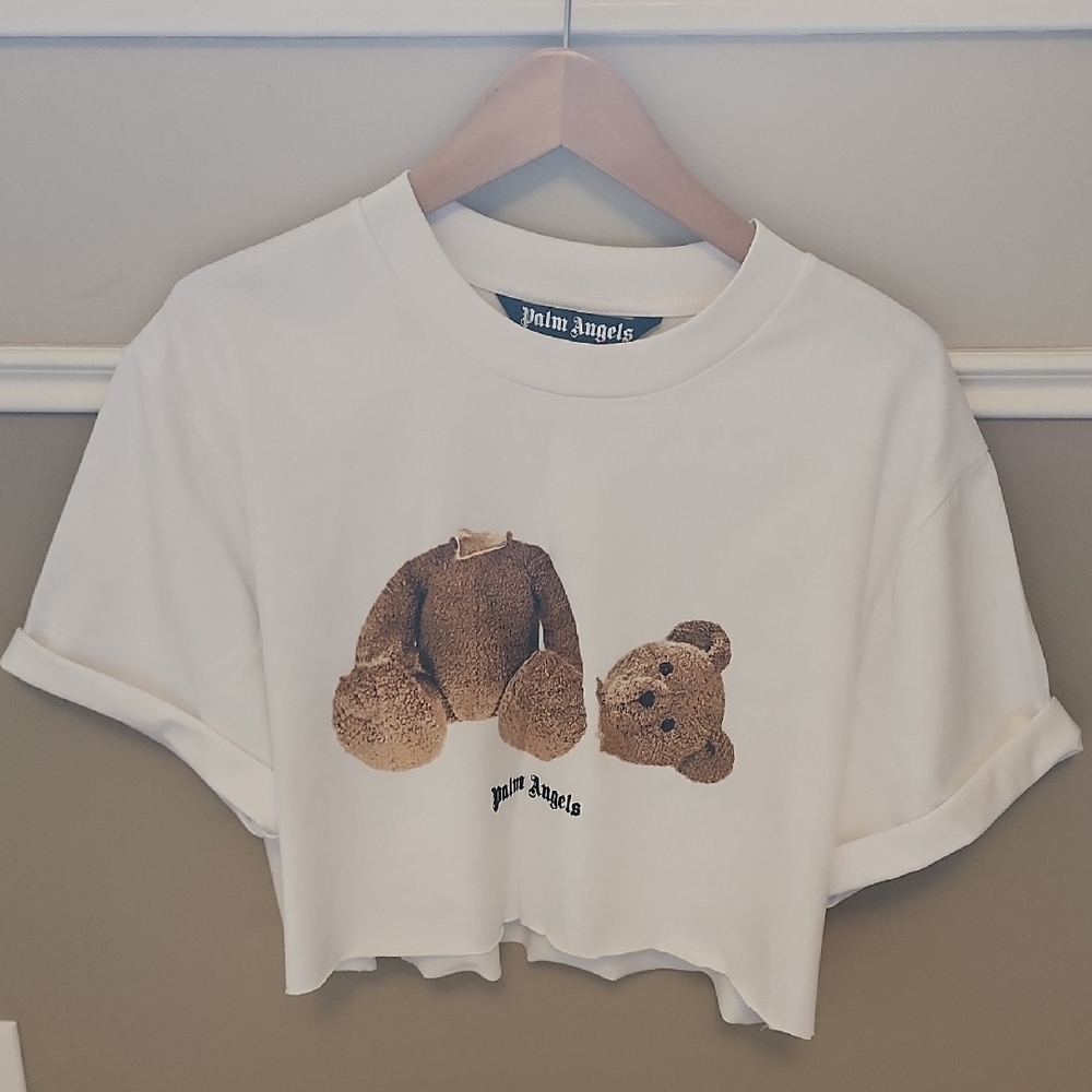 Palm Angels White Crop Top with Teddy Bear Graphic